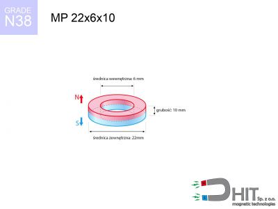 MP 22x6x10 N38 - neodymowe magnesy pierścieniowe