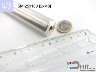SM 25x100 [2xM8] N42 - separatory pałki magnetyczne z magnesami