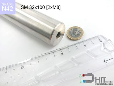 SM 32x100 [2xM8] N42 - separatory wałki magnetyczne z neodymowymi magnesami